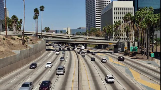 Overhead View of Traffic on Busy 10 Freeway in Downtown Los Angeles California