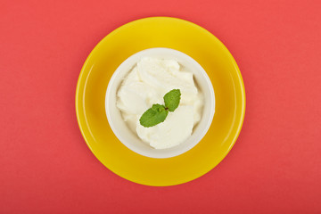 White ice cream in a bowl with mint on a red background