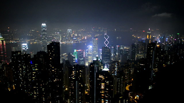 The Hong Kong Skyline at Night with view of the Harbor  - Hong Kong China