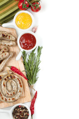 Grilled sausages with ketchup and mustard