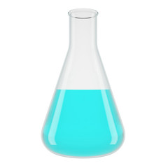 Chemical laboratory transparent flasks with blue liquid