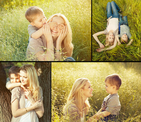 Collage of baby boy and his mother plaing in the park. Happy fam