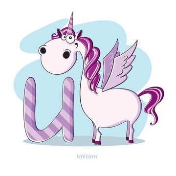 Cartoons Alphabet - Letter U with funny Unicorn