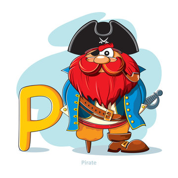 Cartoons Alphabet - Letter P with funny Pirate