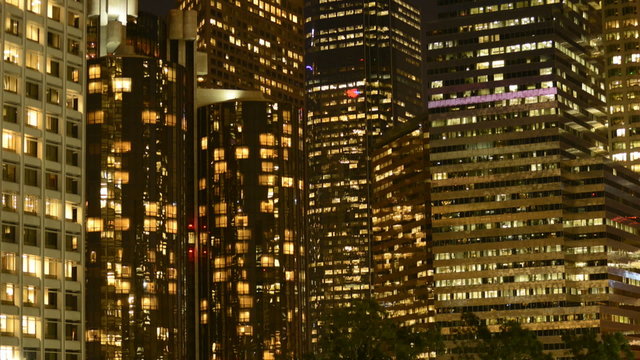 Close up of Buildings in Downtown Los Angeles at Night