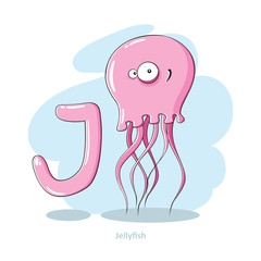 Cartoons Alphabet - Letter J with funny Jellyfish