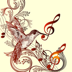 Beautiful music background with hummingbird and treble clef
