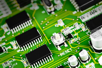 Selective focus macro closeup of computer circuit board cpu micr