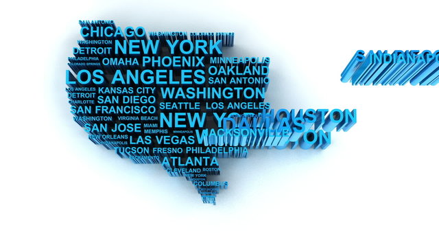 3d animation of US map formed by names of major cities