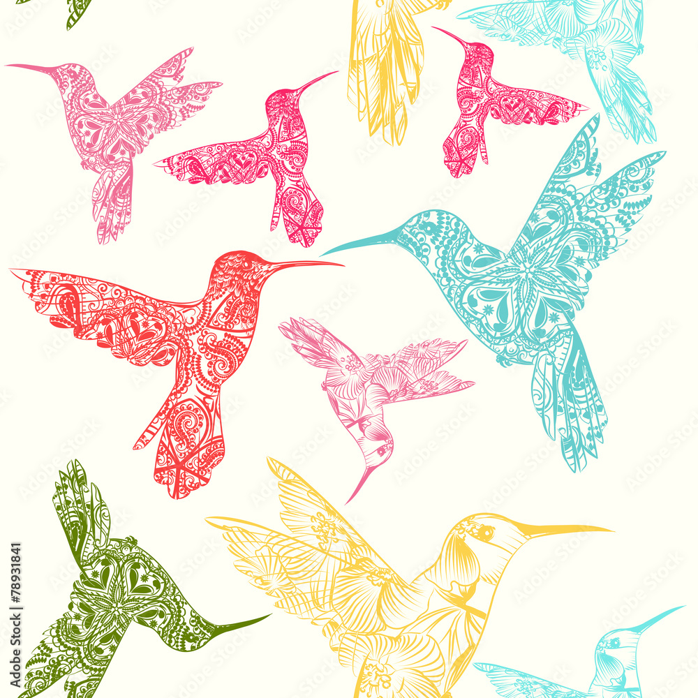 Poster vector seamless pattern with colorful hummingbirds