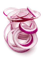 Sliced red onion rings isolated on white background cutout