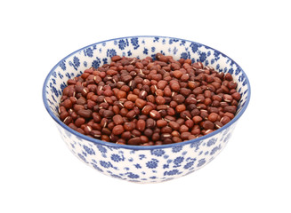 Adzuki beans in a blue and white china bowl