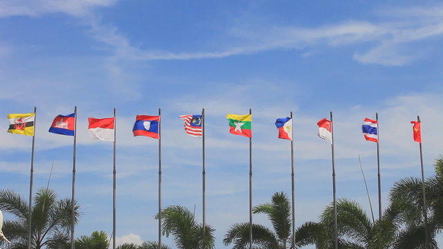 national flags of Southeast asia countries waving