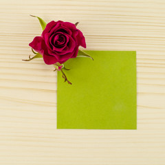 Blank green paper and rose flower on wooden background