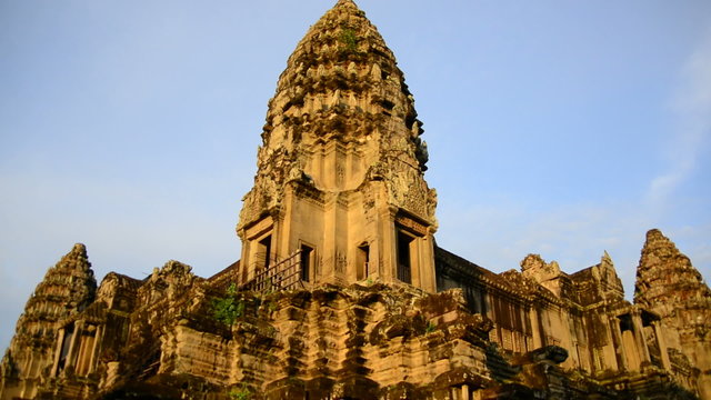 Zoom Out of Stone Temple Remains - Angkor Wat Temple Cambodia
