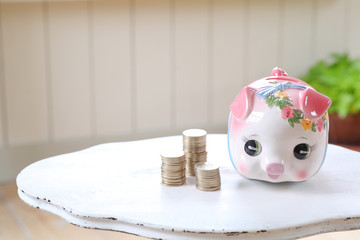 ブタ貯金箱と500円硬貨