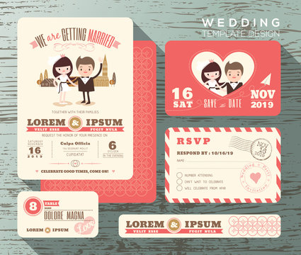 Cute groom bride couple wedding invitation set design Template