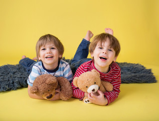 Happy Kids, Siblings, Hugging stuffed toys