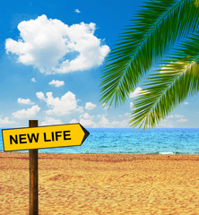 Naklejka premium Tropical beach and direction board saying NEW LIFE