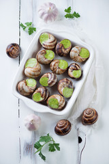 Snails with garlic butter, white wooden surface, high angle view