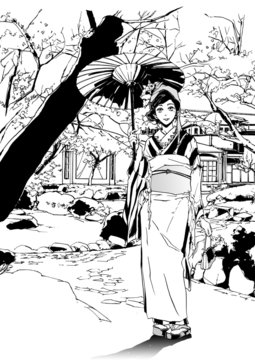 日本人 女性 着物姿 (鉛筆画) 360_F_78946602_lJCsdQ6kJWZ6UPj