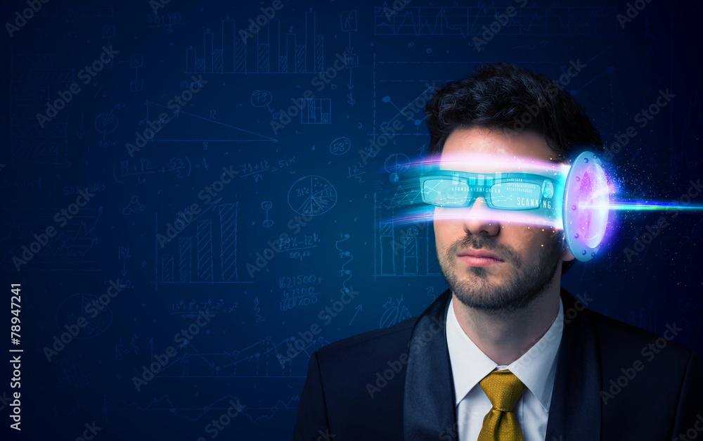 Poster man from future with high tech smartphone glasses
