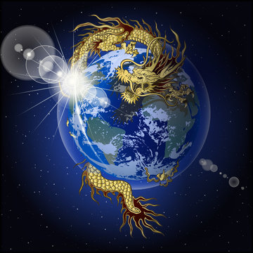 Chinese dragon holding planet earth