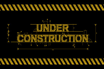 Under construction road sign in yellow on black with stripes - 78951258