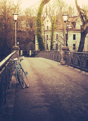 Retro Filtered Bicycles On Bridge In Winter