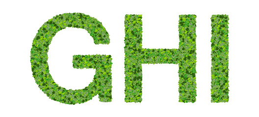 G H I alphabet letters made from green leaves isolated on white.