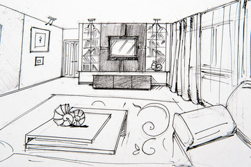 interior sketches, bedroom, living room, kitchen.