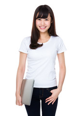 Fototapeta premium Young woman hold with laptop