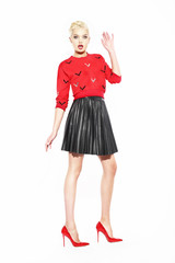 Glamorous Woman in red Blouse and Black Skirt