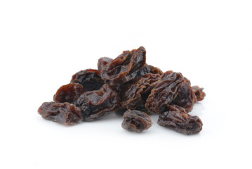 Dried raisins on a white background