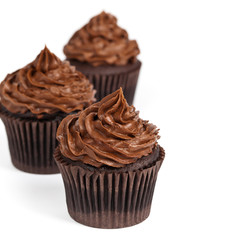 Chocolate Cupcake isolated on white background. Selective focus.