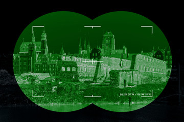 War damage ruins in Gdansk-view through the night vision device