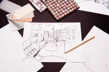 interior sketches, bedroom, living room, kitchen.