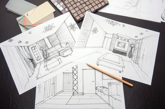 interior sketches, bedroom, living room, kitchen.