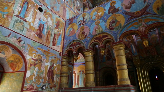 interior of the temple with ancient paintings in Rostov Veliky