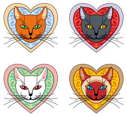Four cats heads  inside hearts isolated on a white background