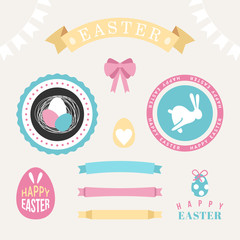 Set of Happy easter design elements, Eggs, ribbons, rabbits