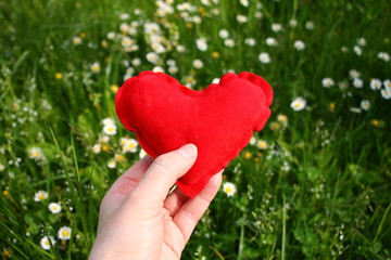 Red heart symbol of love in woman's hand