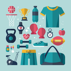 Fitness and health flat icons set