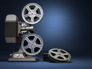 Video, cinema concept. Vintage film movie projector and reels on