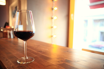 glass with red wine, tasting, restaurant