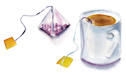 A tea bag and a tea cup on white background