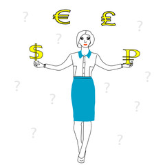 business woman chooses between Euro Dolar rubles and pounds