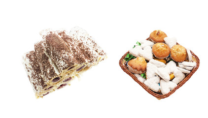 Various sweets in a basket and a cake