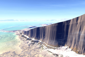 3D rendered fantasy alien planet. Rocks and lake