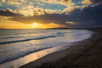Sunset over the beach and Pacific Ocean, in Seal Beach, Californ